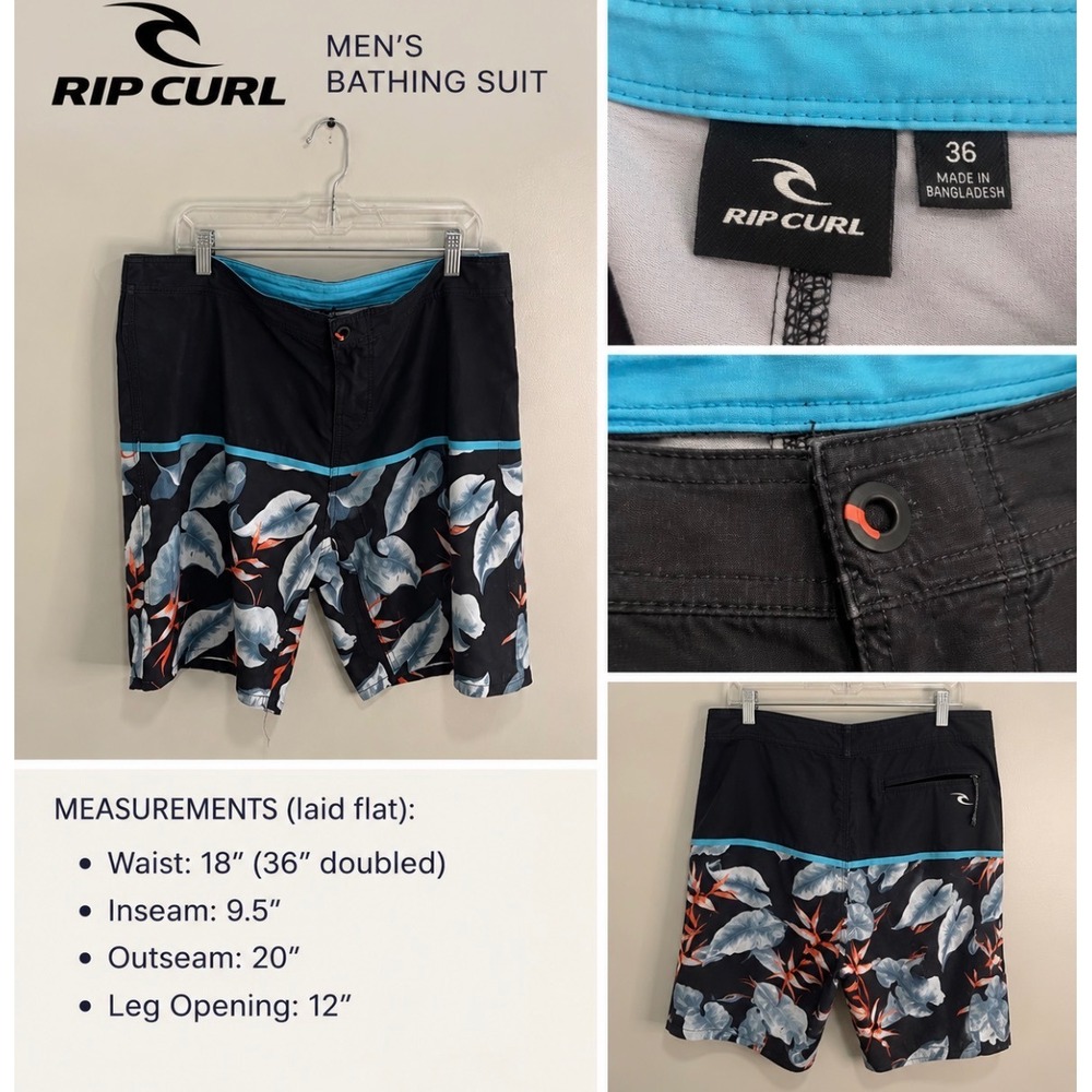 Burnside Mens Board Shorts Size 36 Black Tropical Floral Swim Trunks Beachwear
